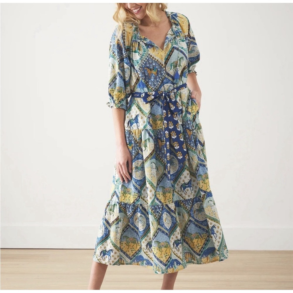 Printfresh High Horse Devon Dress Blue Size L Rare Equestrian Maxi Dress NO BELT